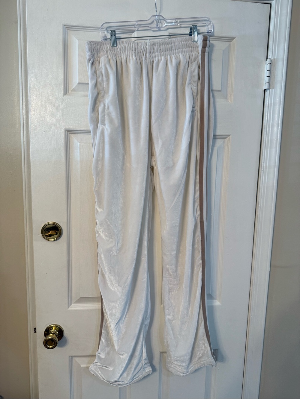 Godbody White Velvet Lounge Pants with Taupe Elastic Waist
